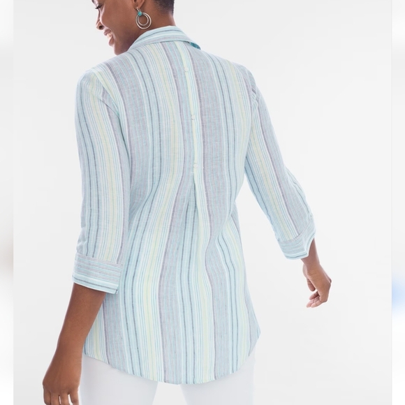 Chico's, Coastal No Iron 100% Linen Blue Stripe Button Front Top, Size Large - Picture 3 of 13